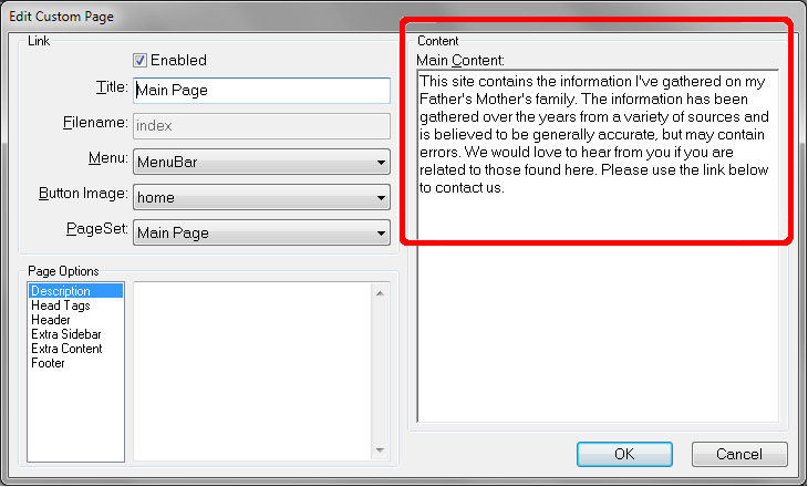 Edit Custom Page screen