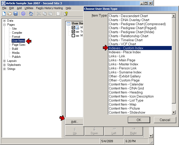 Choose User Item Type screen