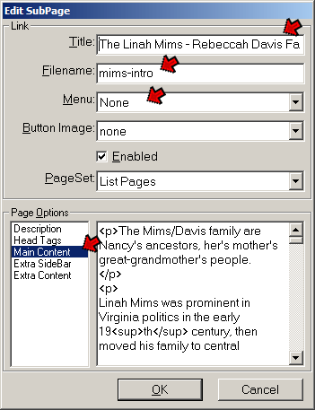 Edit Sub-Page Screen