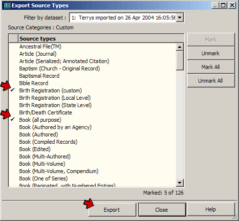 Export Source Types screen