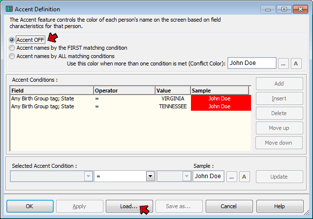 Accent Definition screen